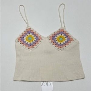 ZARA Crochet Granny Square Ribbed Crop Tank Top size Xs-Sm NWT